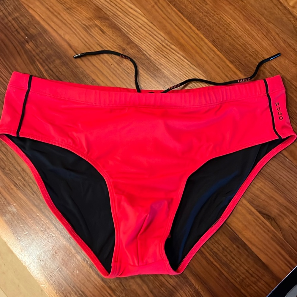 BNWT Hugo Boss XL fire engine red men’s speedo-style swim trunks.